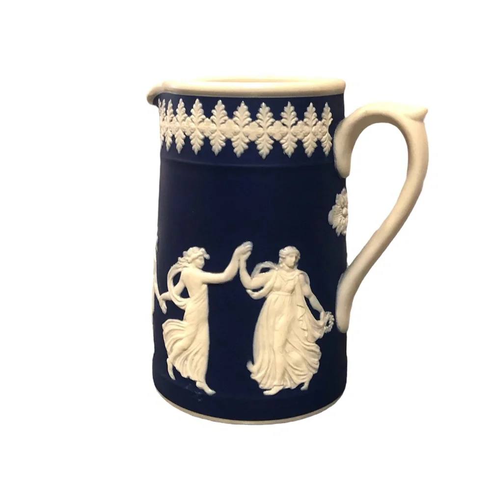 DUDSON HANLEY JASPERWARE BLUE WITH WHITE RAISED RELIEF NEOCLASSICAL PITCHER